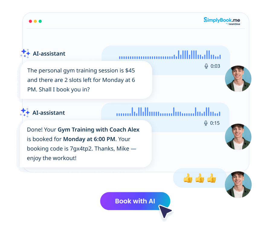 A voice conversation with the AI assistant confirming a gym training session booked for Monday at 6 PM