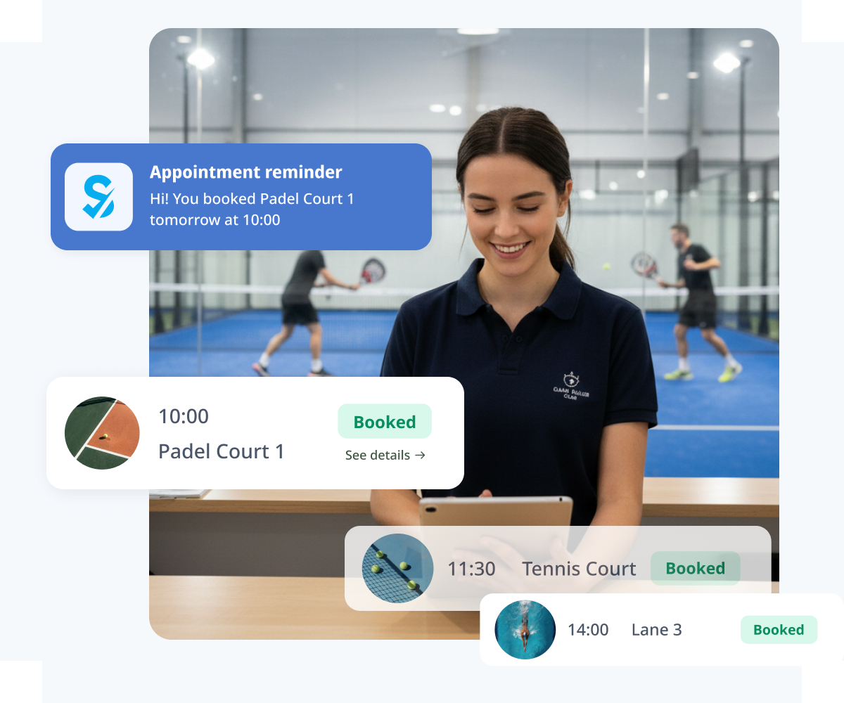 An appointment reminder for Padel Court 1 next to a day schedule of booked courts and lanes