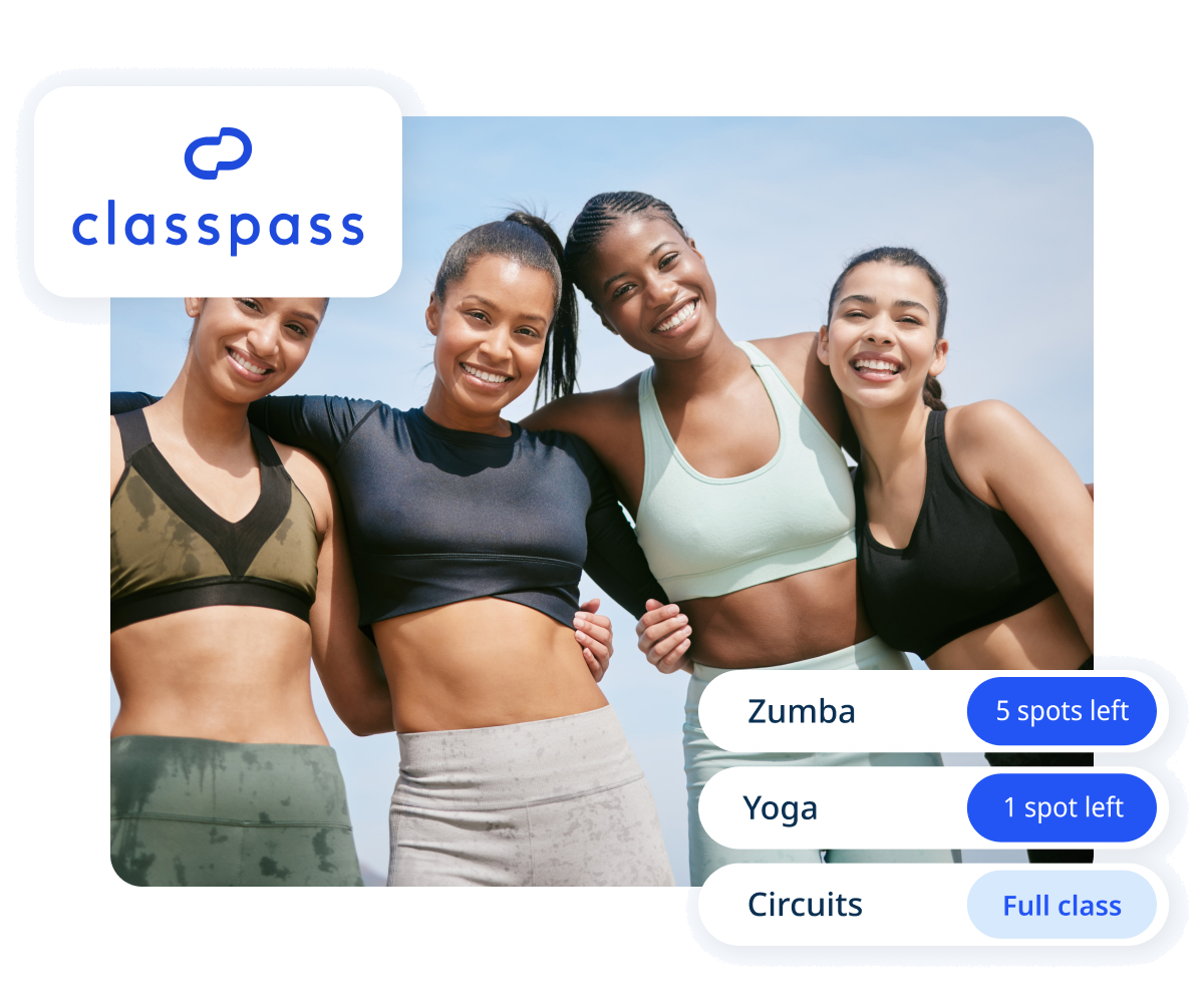 A ClassPass-connected timetable showing Zumba with 5 spots left, Yoga with 1 spot left, and a full Circuits class