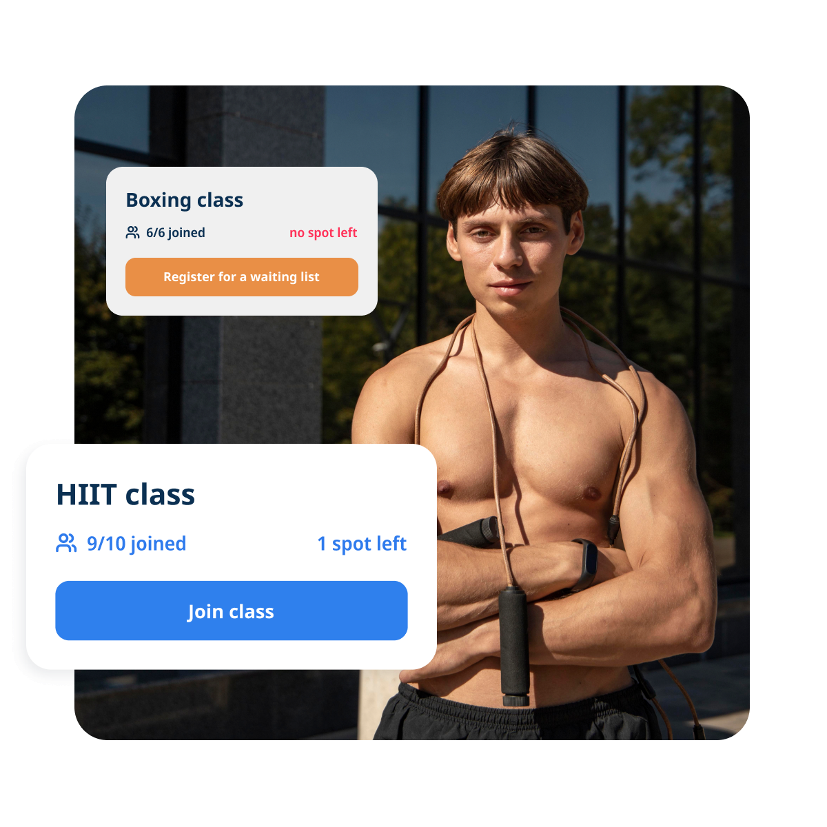 A HIIT class with nine of ten places filled and one spot left, and a full boxing class offering a waiting list
