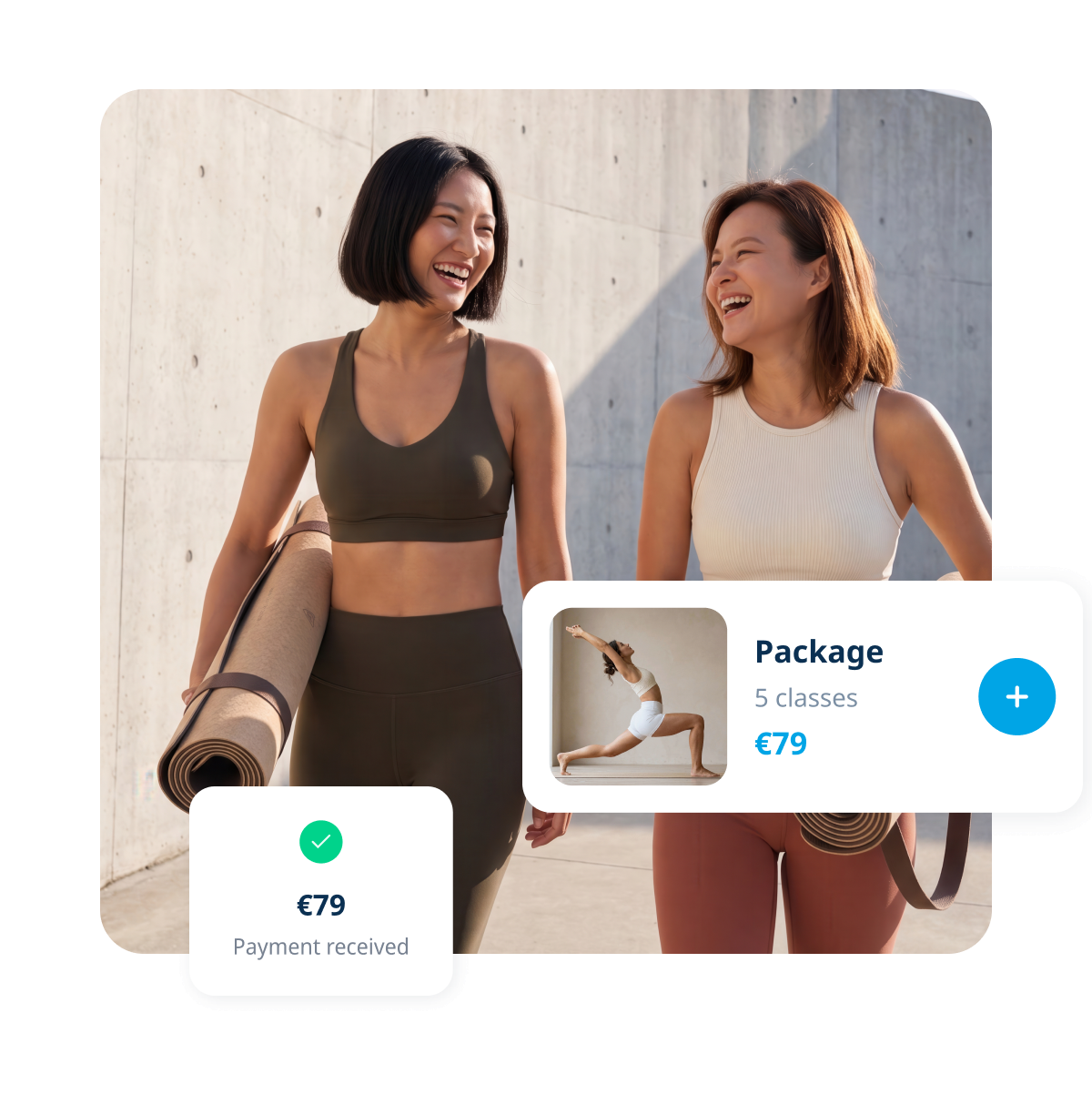 A five-class package priced at 79 euros being bought online, with the payment confirmed
